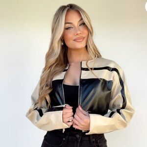 Cloud Ten Women’s Size M Cropped Racer Jacket Black Tan Faux Leather Moto Baddie